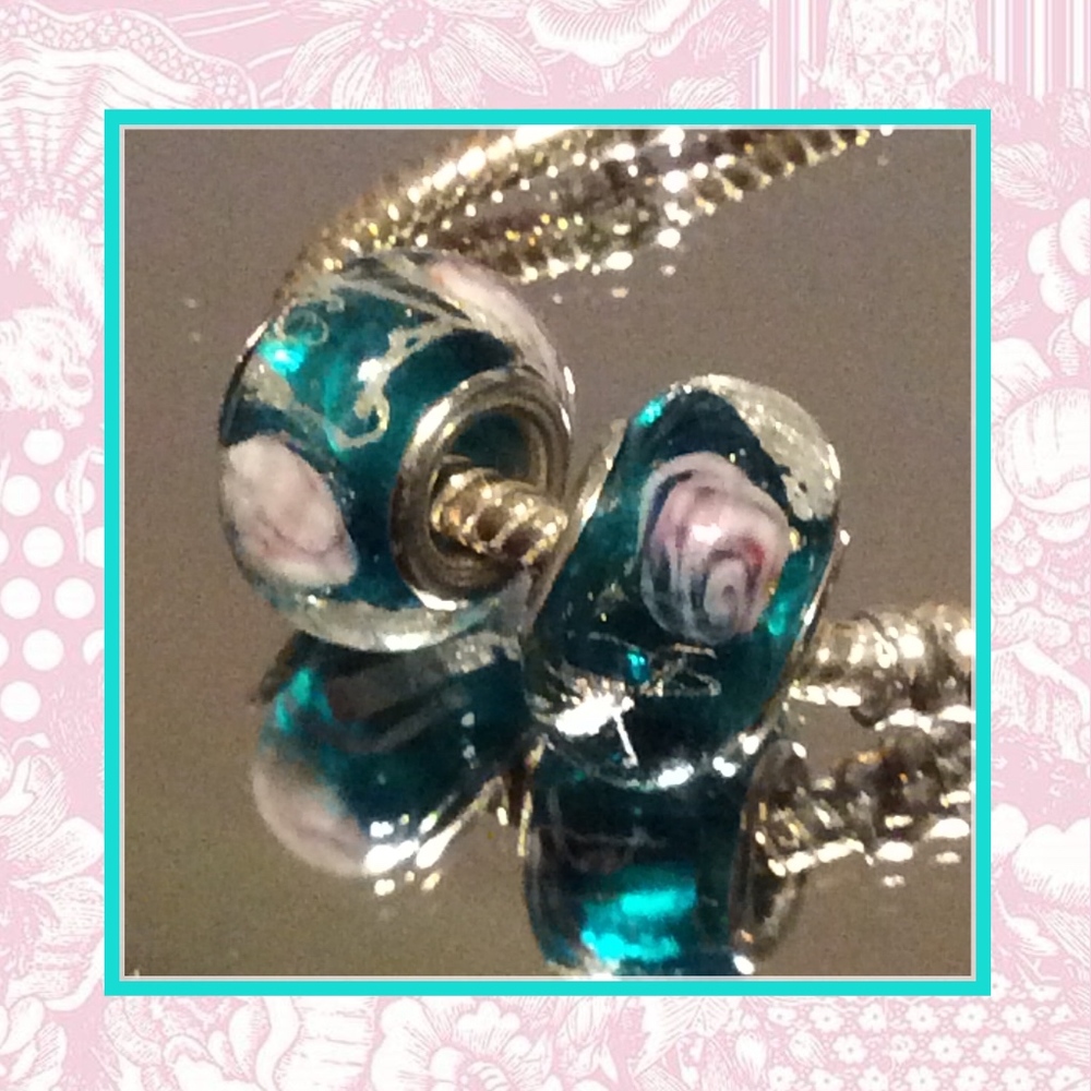 🌸 2PC TEAL & PURPLE ROSE SWIRL BEAD GEM CHARM WIDE HOLE PANDORA TROLL FLOWER